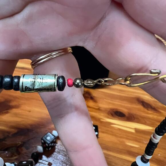 Vtg Handmade Dice Black Beaded Necklace Dangle Earrings Set Screw Poker Cards - Picture 7 of 8